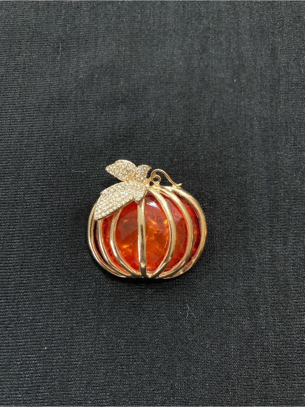 Napier Gold-Tone Orange Crystal Pumpkin Brooch with Pave Leaf